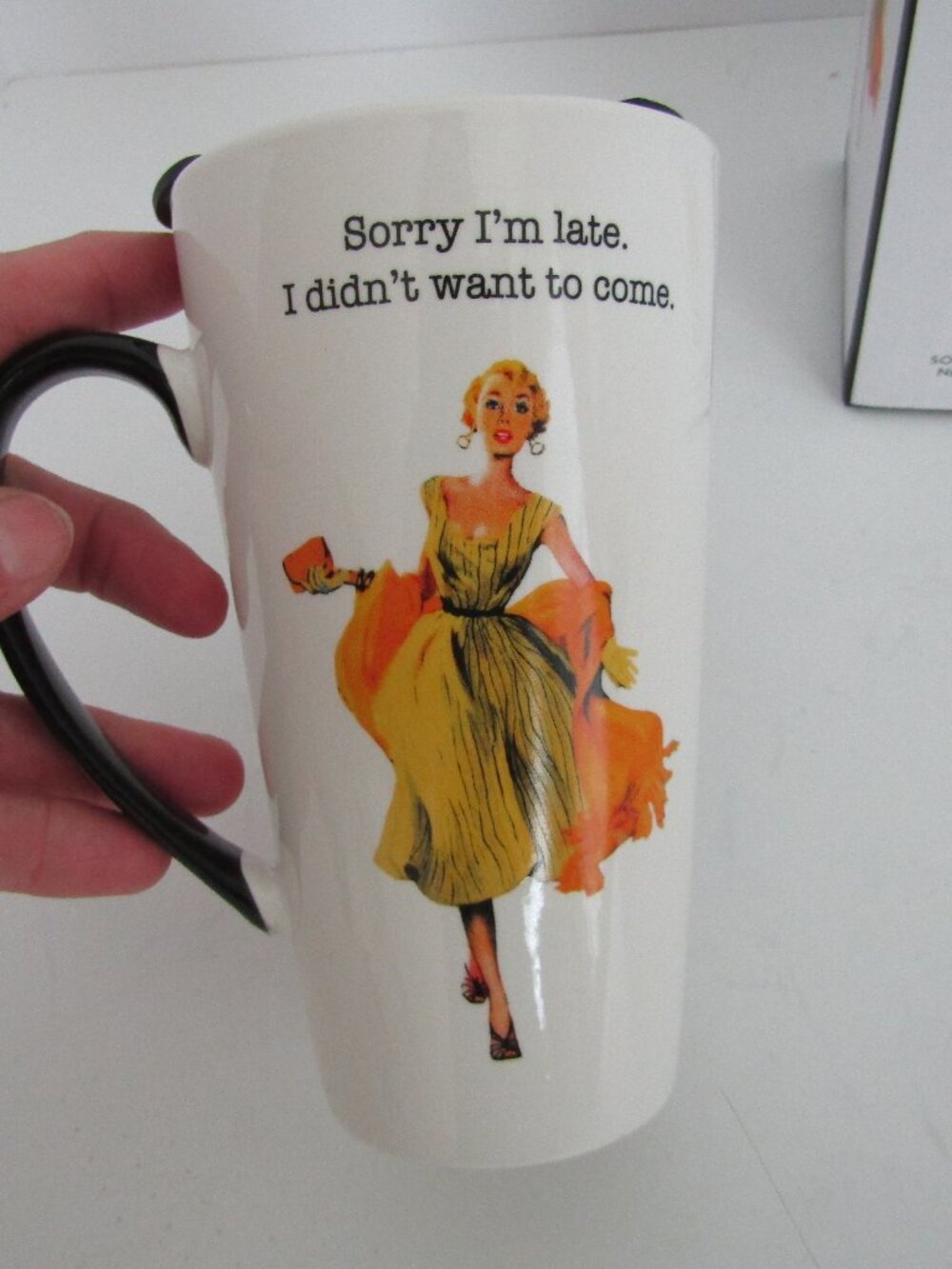 Godinger Sorry I'm Late Bone China Latte Mug with Lid,  new in box